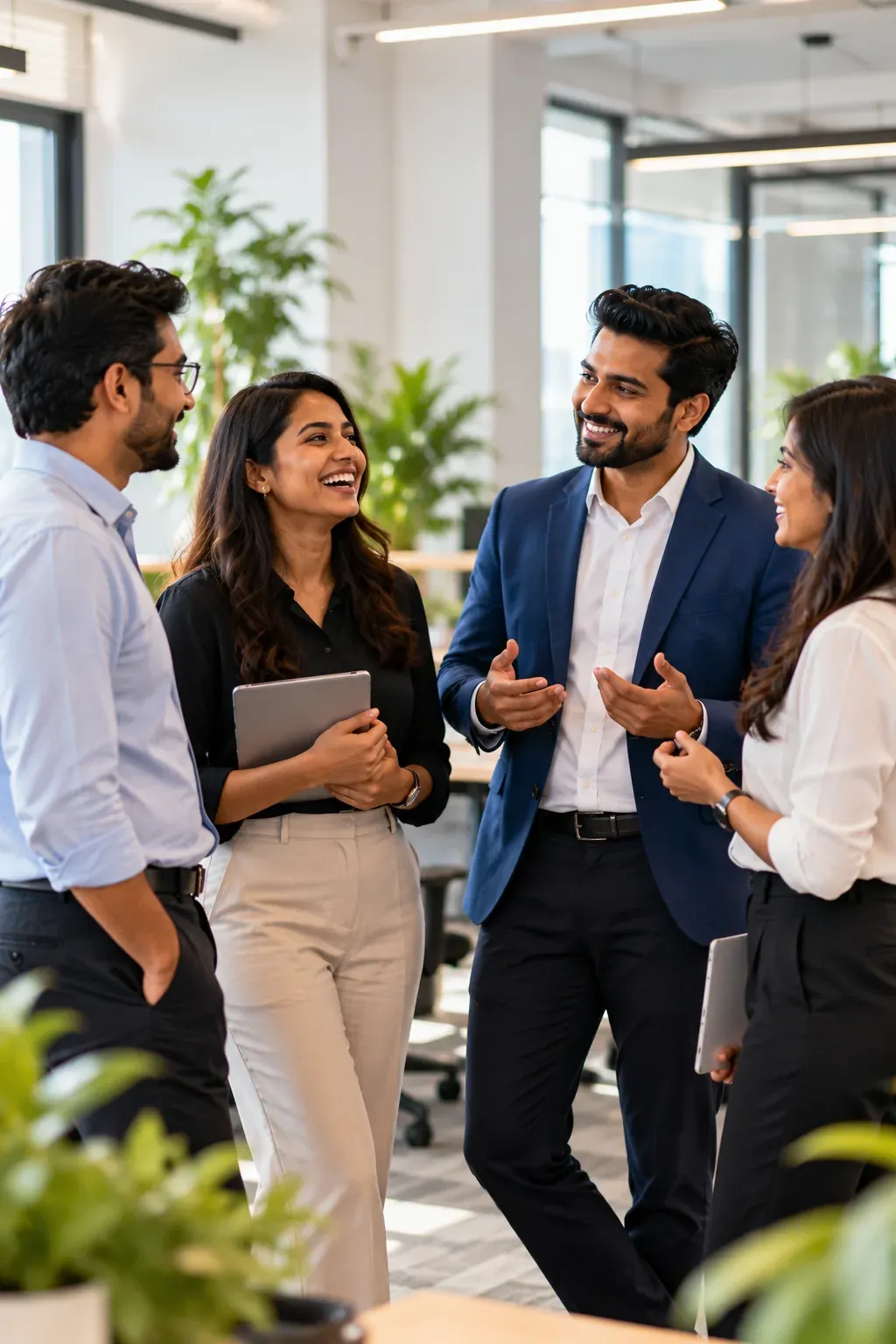 A friendly team of colleagues talking and laughing together in a bright modern office