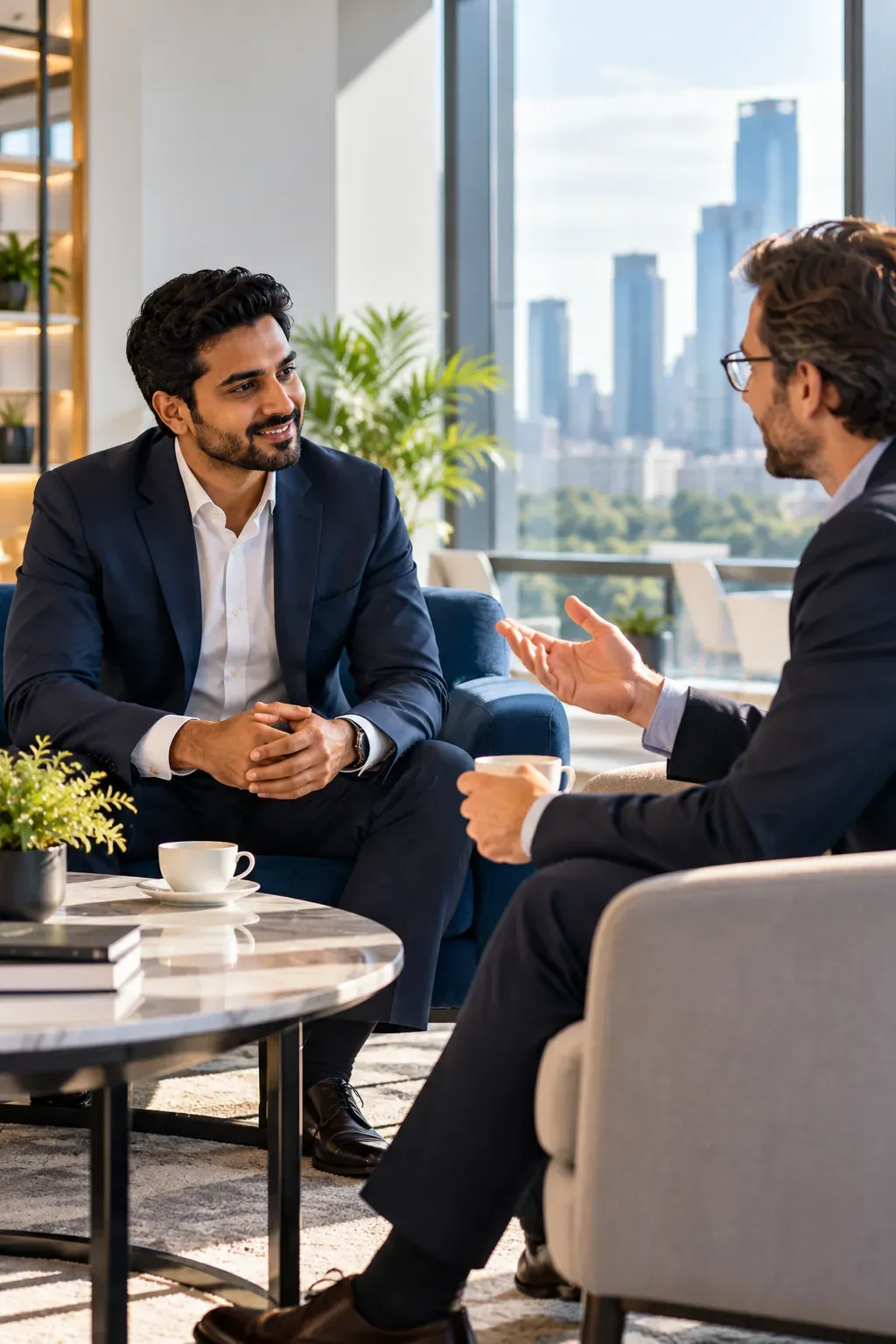 Two business professionals in a relaxed conversation over coffee in a bright office lounge