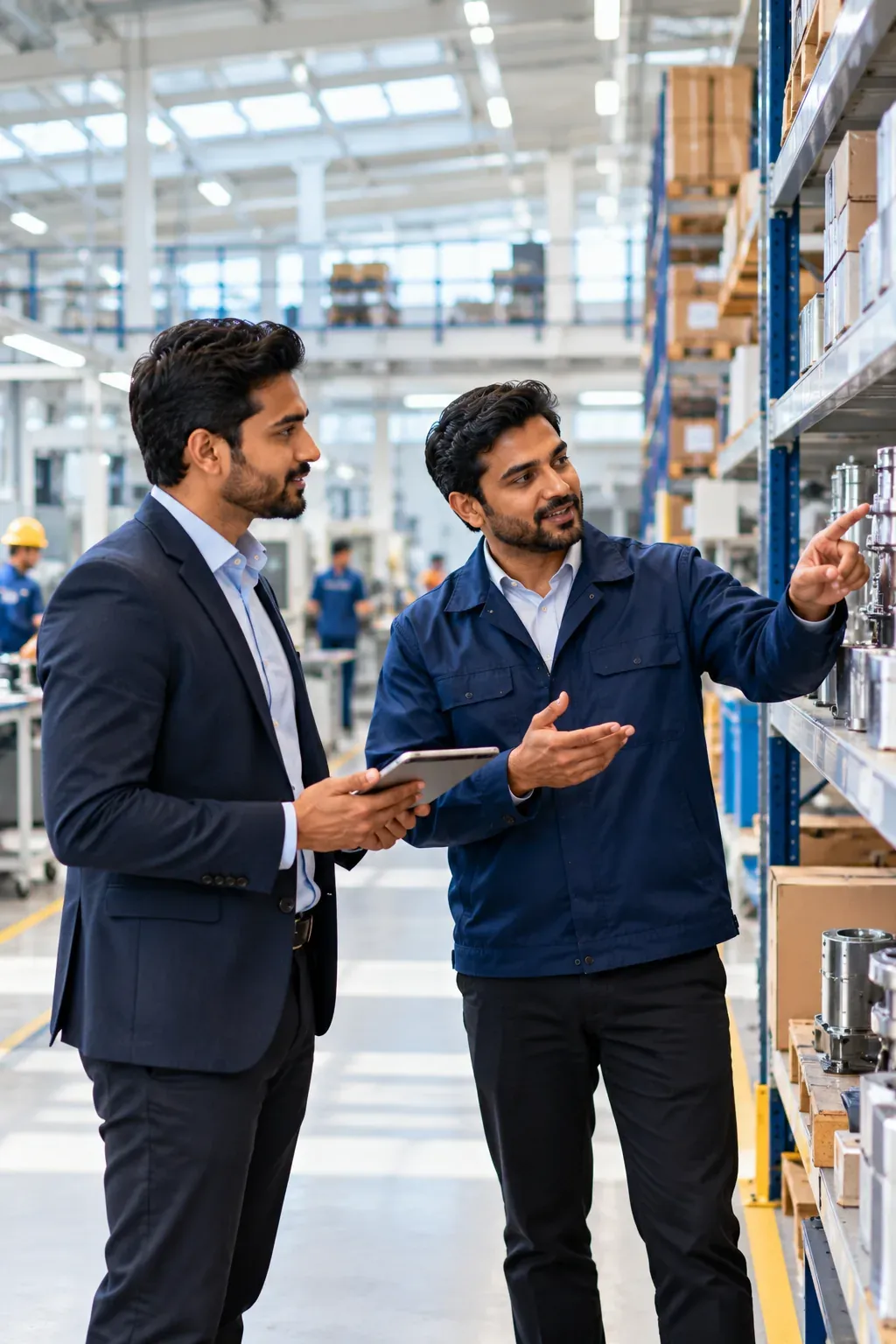 A plant manager showing a visiting business client around a bright, modern manufacturing facility