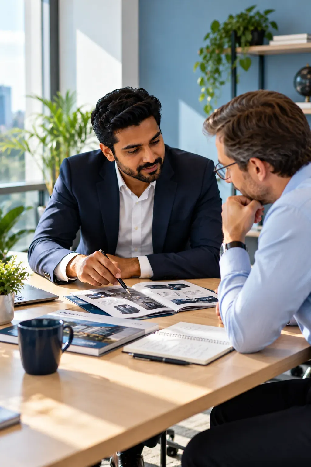 A consultant and a client reviewing product brochures together at a meeting table