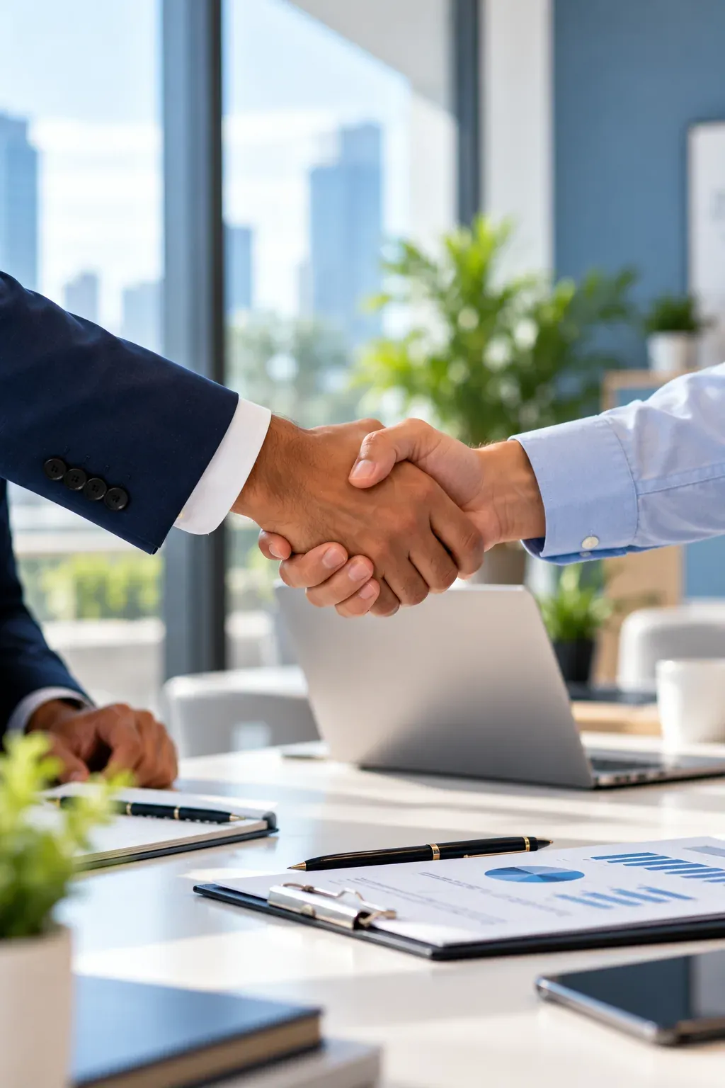 Two business partners shaking hands across a meeting table in a bright office